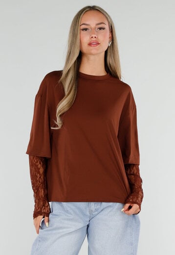NEW120826 Bruine Top met Kanten Lange Mouwen
