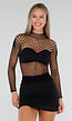 Zwarte Stretch Fishnet Top met Lange Mouwen en Grote Netstructuur