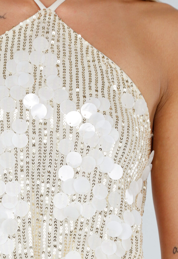 Crèmekleurige Halter Top met Pailletten, Glitter en Puntzoom