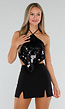 Zwarte Halter Top met Pailletten, Puntzoom en Open Rug