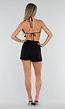 Zwarte Halter Top met Pailletten, Puntzoom en Open Rug