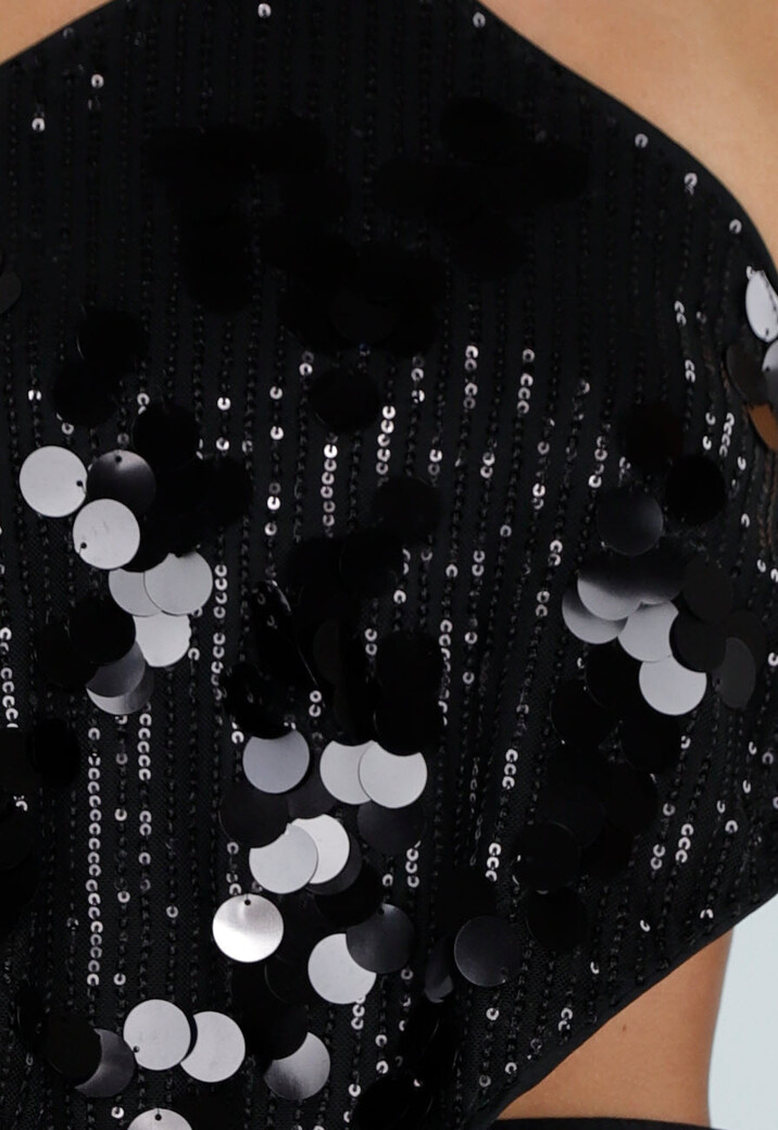 Zwarte Halter Top met Pailletten, Puntzoom en Open Rug