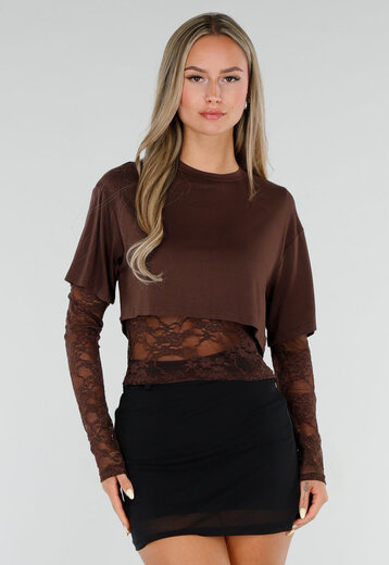 NEW120826 Bruine Crop Top met Kanten Mouwen