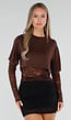 Bruine Crop Top met Lange Kanten Mouwen en Kanten Taille