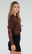 Bruine Crop Top met Lange Kanten Mouwen en Kanten Taille