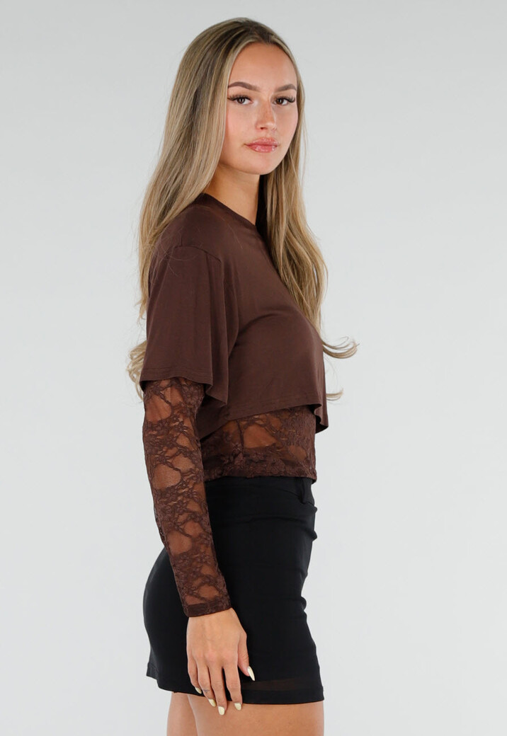 Bruine Crop Top met Lange Kanten Mouwen en Kanten Taille