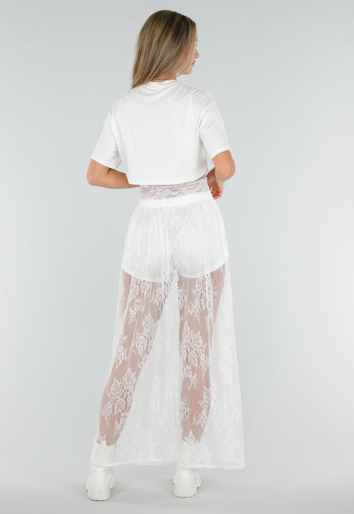 Witte Crop Top met Korte Mouwen en Vaste Kanten Rand