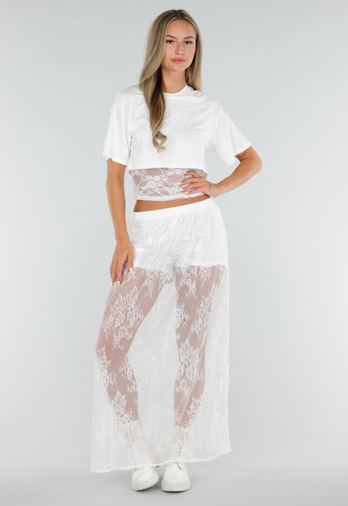 Witte Crop Top met Korte Mouwen en Vaste Kanten Rand