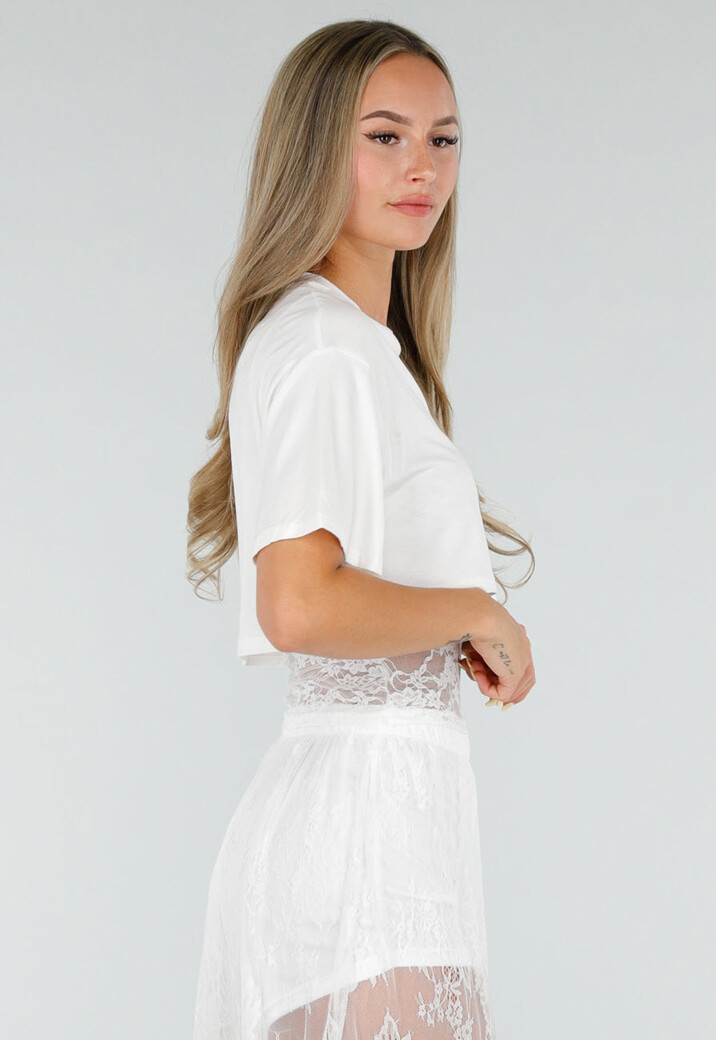 Witte Crop Top met Korte Mouwen en Vaste Kanten Rand