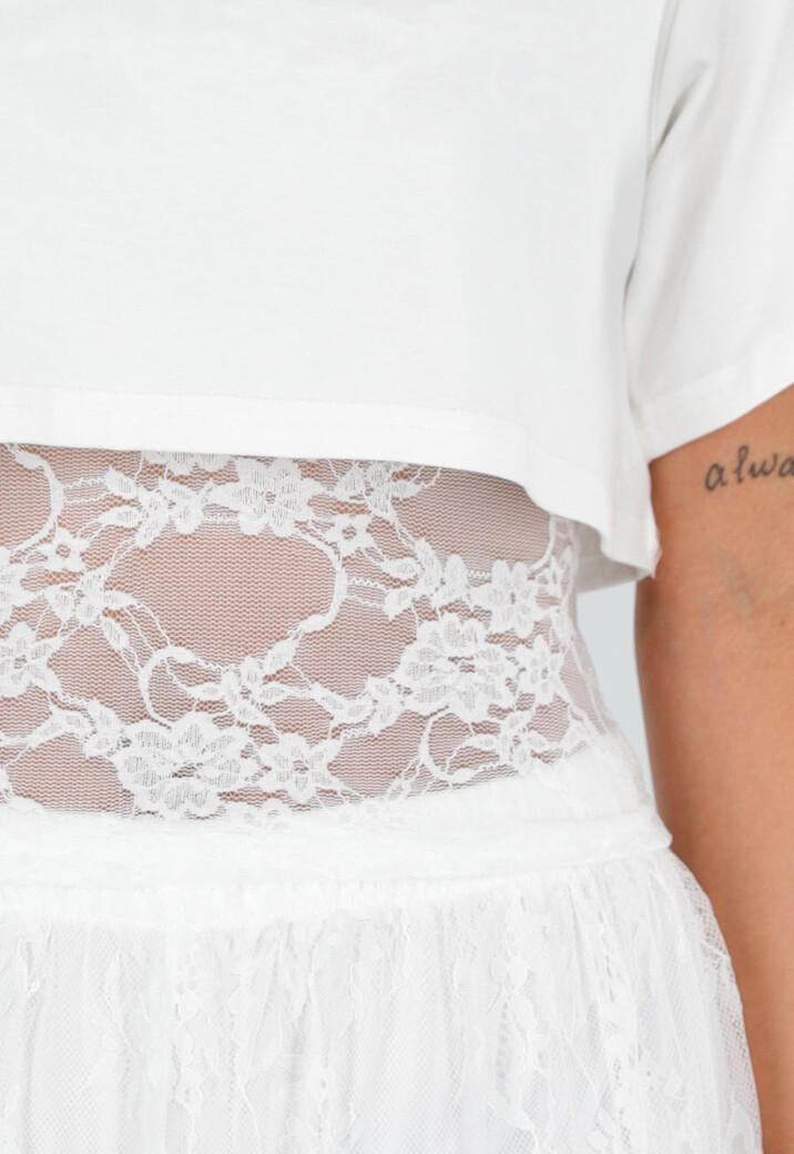 Witte Crop Top met Korte Mouwen en Vaste Kanten Rand