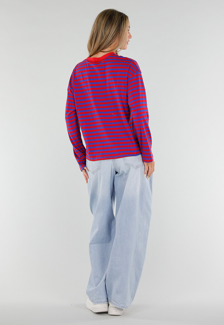 Rood Blauwe Gestreepte Top met Lange Mouwen en Ronde Hals