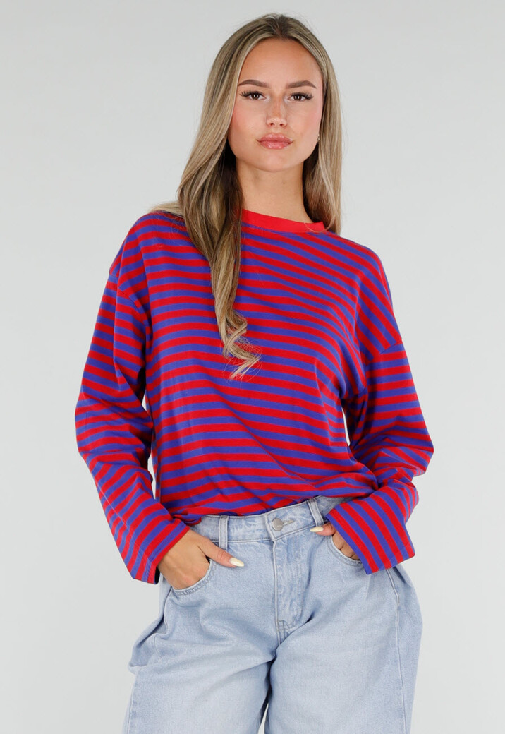 Rood Blauwe Gestreepte Top met Lange Mouwen en Ronde Hals