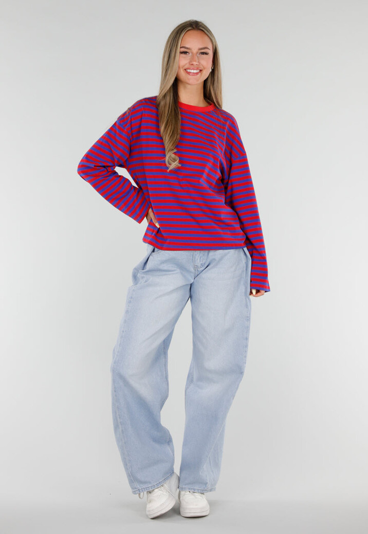 Rood Blauwe Gestreepte Top met Lange Mouwen en Ronde Hals