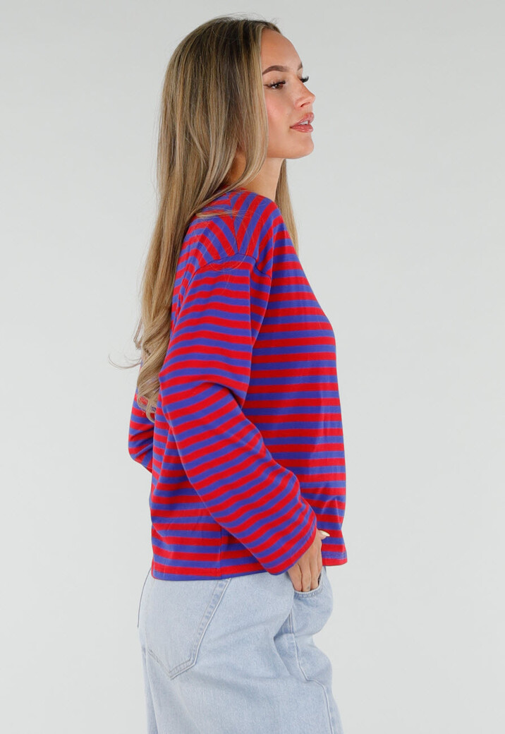Rood Blauwe Gestreepte Top met Lange Mouwen en Ronde Hals
