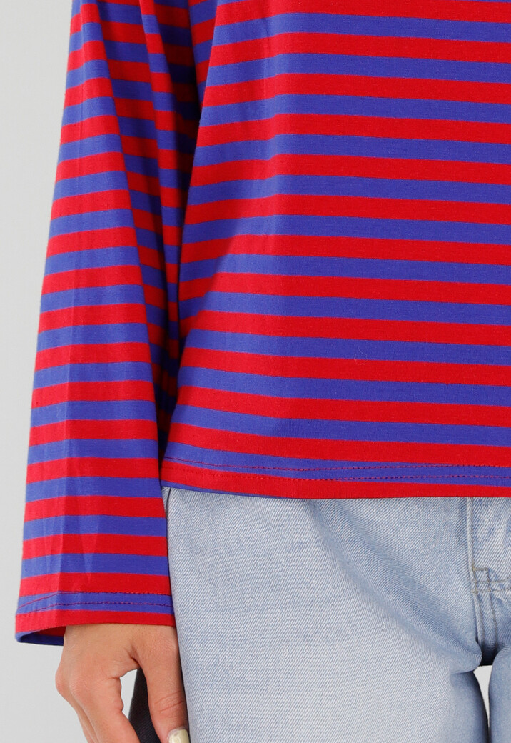 Rood Blauwe Gestreepte Top met Lange Mouwen en Ronde Hals
