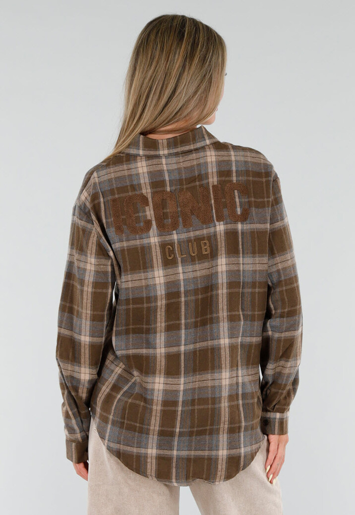 Bruine Geruite Blouse met Lange Mouwen en Iconic Club Tekst