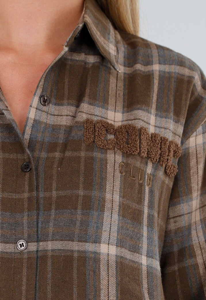 Bruine Geruite Blouse met Lange Mouwen en Iconic Club Tekst