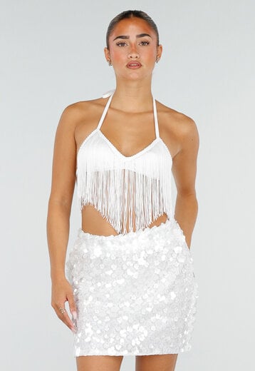 NEW120826 Witte Fringe Halter Top