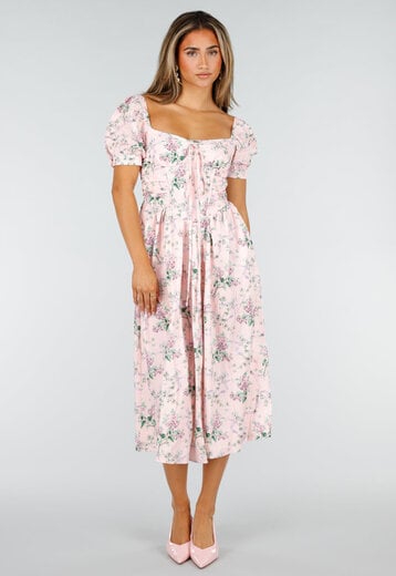 NEW190826 Roze Midi Jurk met Bloemenprint