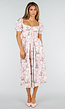 Roze Midi Jurk met Bloemenprint, Pofmouwen en Veterdetail
