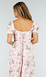 Roze Midi Jurk met Bloemenprint, Pofmouwen en Veterdetail