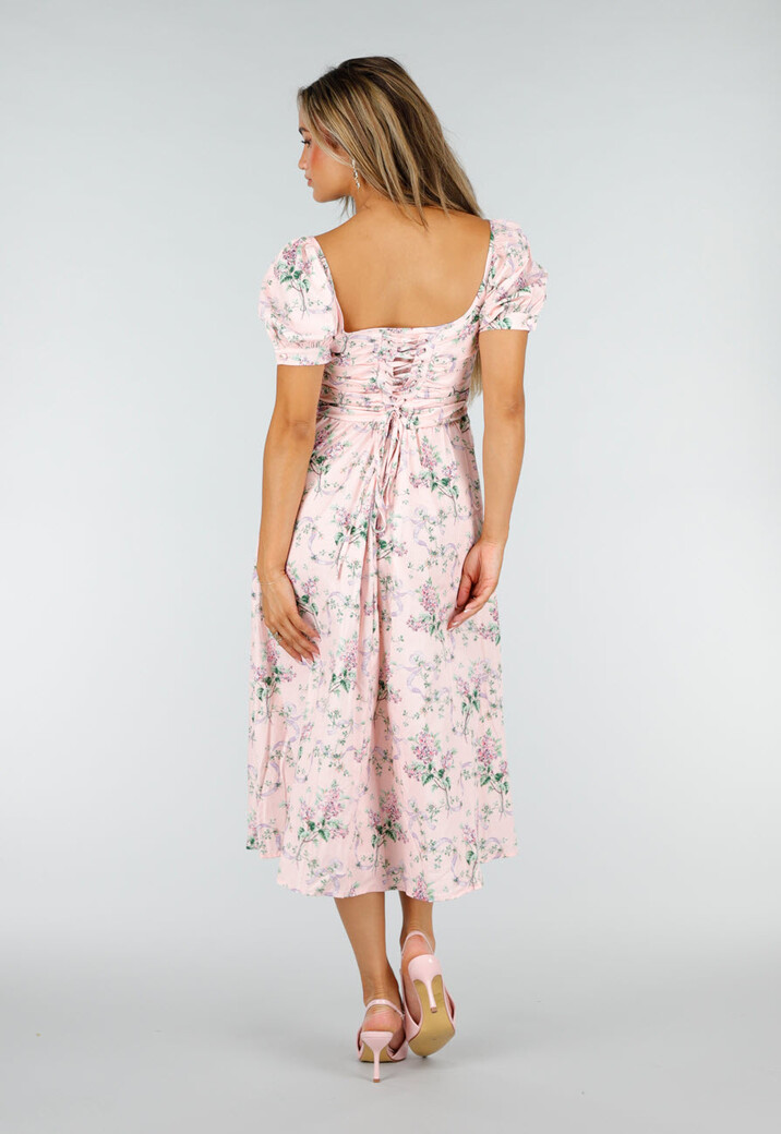 Roze Midi Jurk met Bloemenprint, Pofmouwen en Veterdetail