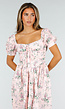 Roze Midi Jurk met Bloemenprint, Pofmouwen en Veterdetail