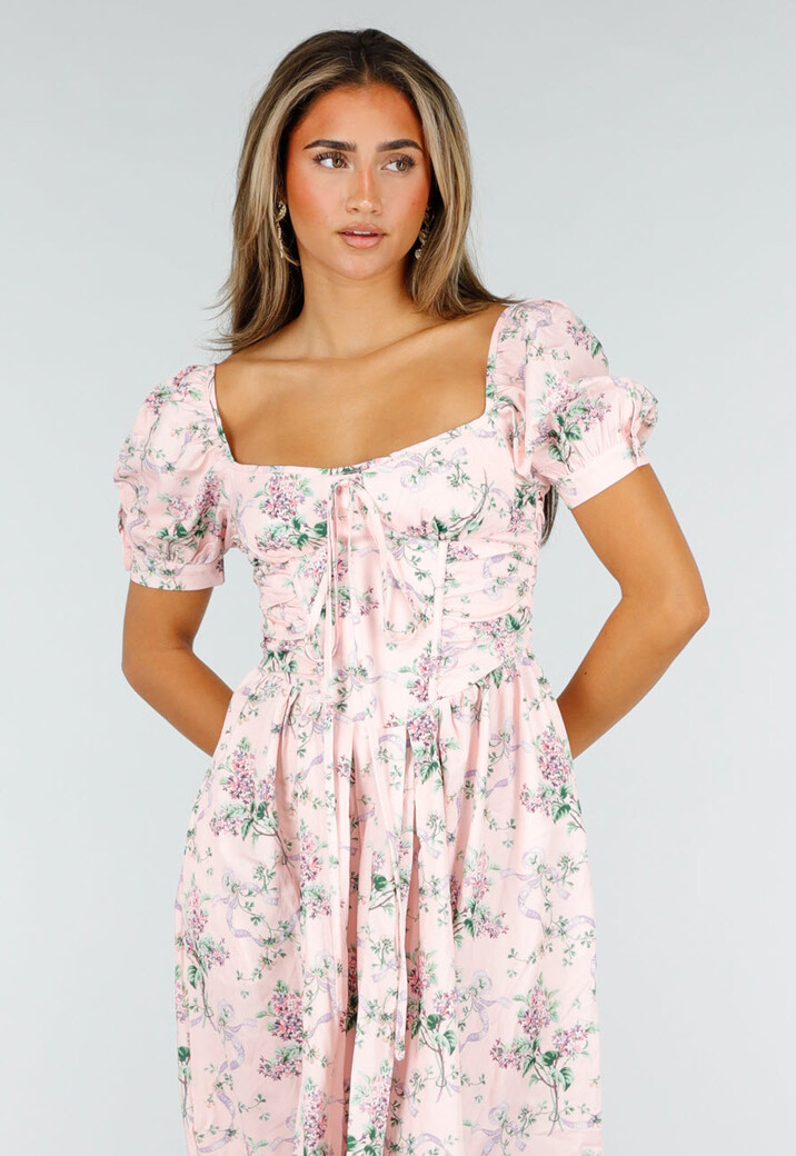 Roze Midi Jurk met Bloemenprint, Pofmouwen en Veterdetail