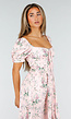 Roze Midi Jurk met Bloemenprint, Pofmouwen en Veterdetail