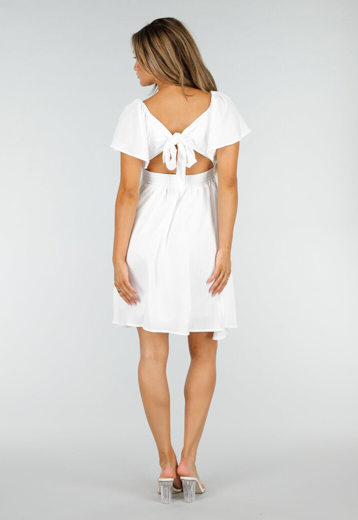 Witte Korte Jurk met Strik, Open Rug en Korte Mouwen