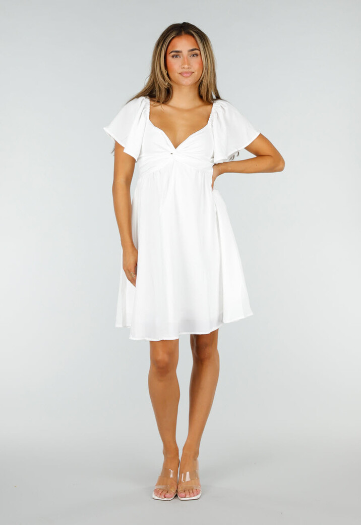 Witte Korte Jurk met Strik, Open Rug en Korte Mouwen