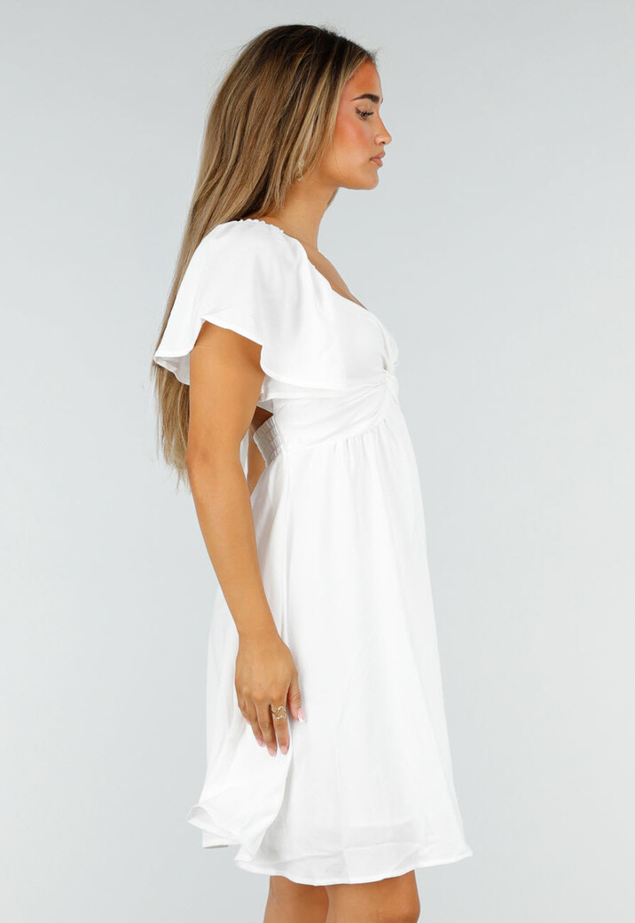 Witte Korte Jurk met Strik, Open Rug en Korte Mouwen