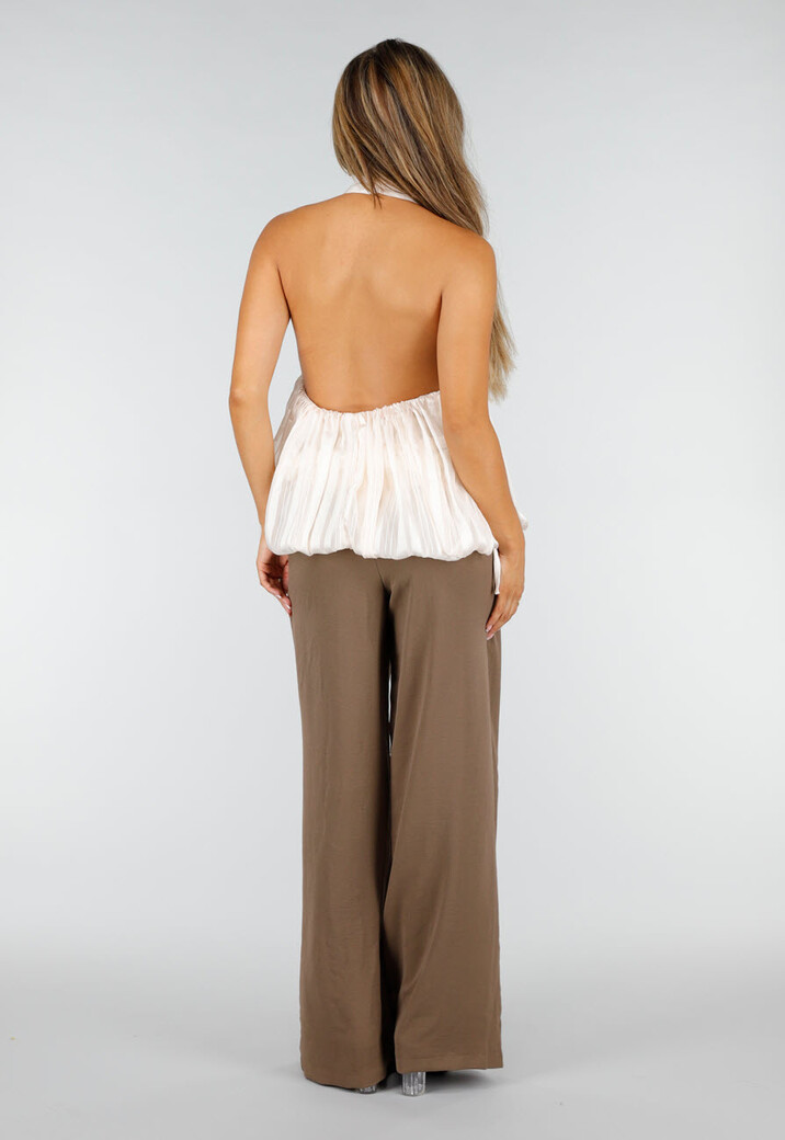 Champagne Plissé Halter Top met Hoge Hals en Open Rug