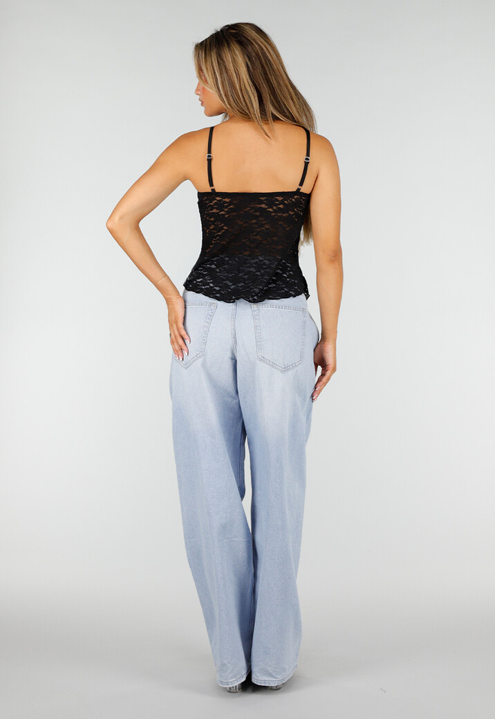 Zwarte Kanten Top met Verstelbare Spaghettibandjes en V-Hals
