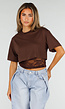 Bruine Crop Top met Kanten Taille en Korte Mouwen