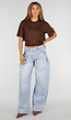 Bruine Crop Top met Kanten Taille en Korte Mouwen