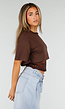 Bruine Crop Top met Kanten Taille en Korte Mouwen