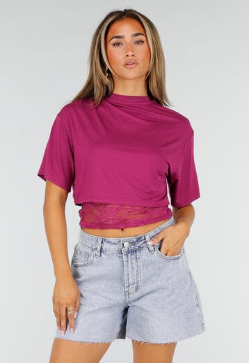NEW190826 Paarse Crop Top met Kanten Taille