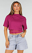 Paarse Crop Top met Kanten Taille en Korte Mouwen