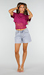 Paarse Crop Top met Kanten Taille en Korte Mouwen