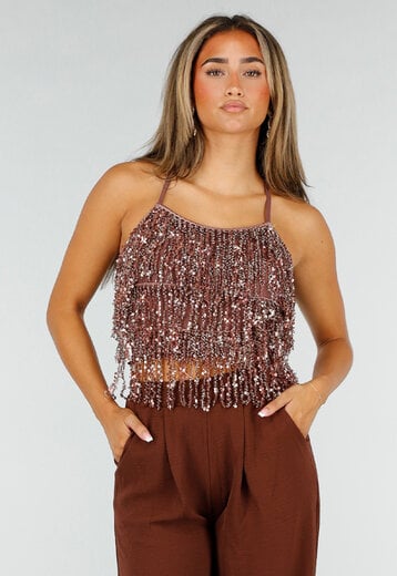 NEW190826 Bruine Glitter Top met Pailletten Franjes