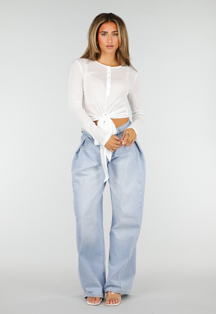 Witte Top met Knoopsluiting, Strik en Lange Mouwen