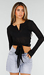 Zwarte Top met Knoopsluiting, Strik en Lange Mouwen