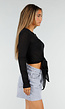 Zwarte Top met Knoopsluiting, Strik en Lange Mouwen