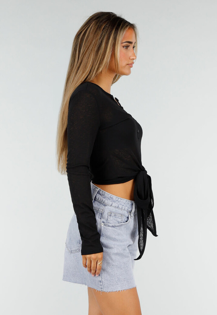 Zwarte Top met Knoopsluiting, Strik en Lange Mouwen