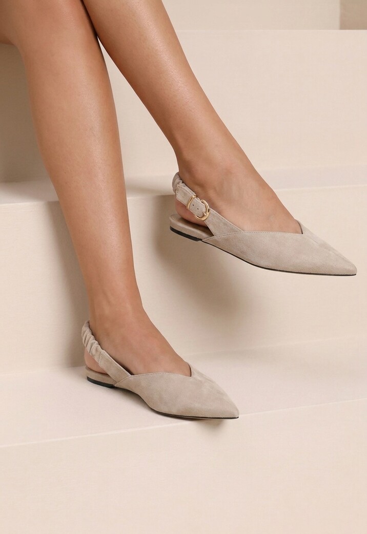 Beige Suèdelook Slingback Muiltjes met Puntneus en Gesp