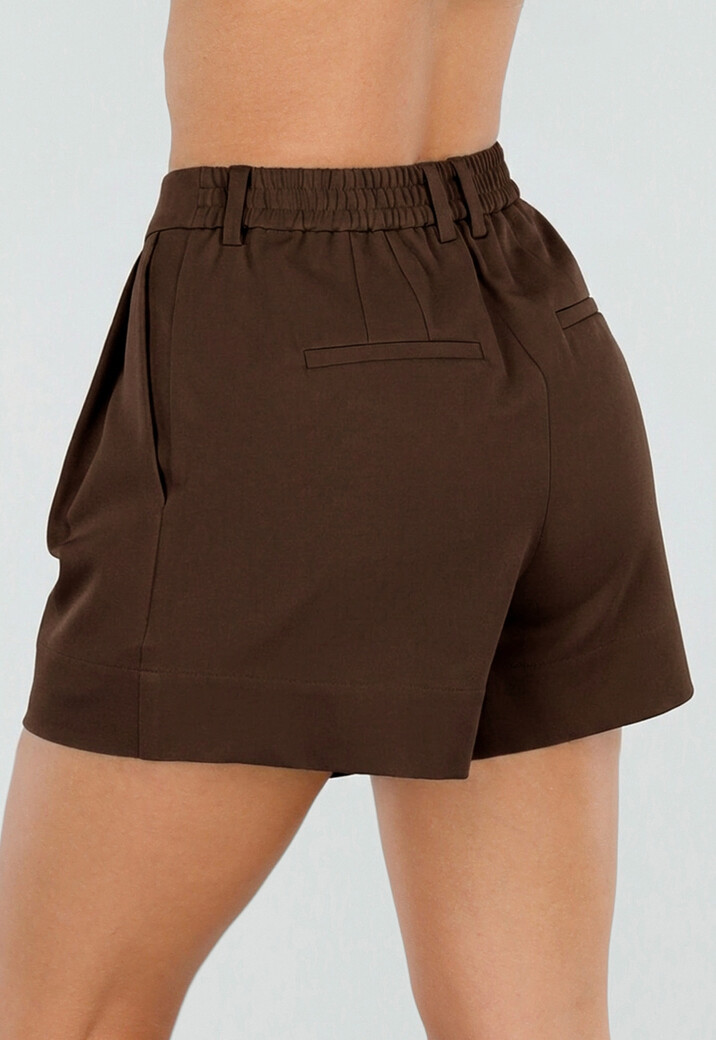 Donkerbruine Plooi Short met Elastische Tailleband