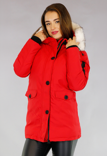 Rode Gewatteerde Parka met Beige Imitatiebont
