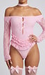 Roze Kanten Body met Lange Mouwen, Strikjes en Choker