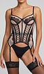 Zwart Mesh Lingerie Korset met Kant, Veterdetails en Jarretels